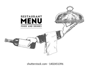 Hand of waiter holding metal tray with cloche. Male hand holding wine bottle. Vector hand drawn Illustration, retro restaurant staff for design menu eatery, canteen, cafe. Vintage stylized drawing
