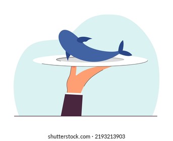 Hand Of Waiter Holding Plate With Whole Fish. Person Holding Fish Dish Flat Vector Illustration. Seafood, Restaurant Concept For Banner, Website Design Or Landing Web Page