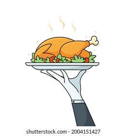 Mano de camarero sosteniendo el plato con un pájaro horneado. Pato de pavo asado o pollo en bandeja para la cena tradicional de vacaciones. Ilustración de dibujos animados planos vectoriales