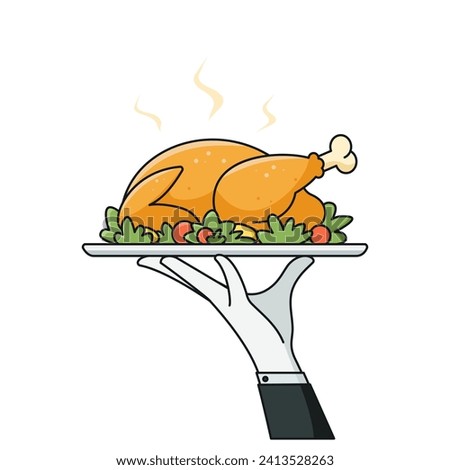 Hand of waiter holding serving plate with baked bird. Roast turkey or chicken on platter for traditional holiday dinner. Vector flat cartoon illustration