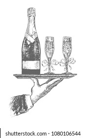 Hand of waiter holding silver tray with champagne and two glasses. Vector hand drawn Illustration, retro restaurant staff for design menu eatery, canteen, cafe. Vintage engraved style