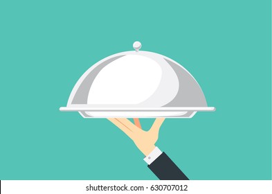 Hand of waiter holding silver tray with lid. Illustration about catering.