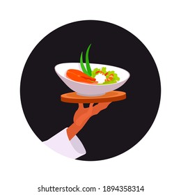 The hand of a waiter holds a dish with seafood. A chef serving food on a tray: salmon steak fish, shrimp, rice, greens. A vector cartoon illustration.