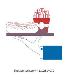 hand waiter lifting tray with hot dog and french fries