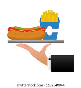 Hand Waiter Lifting Tray With Hot Dog And French Fries