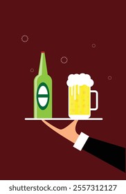 Hand of Waiter Serving Beer on a Platter. Alcoholic drinks and beverages vector art