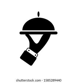 Hand of waiter with serving tray icon. Isolated symbol on white background. Black vector illustration.