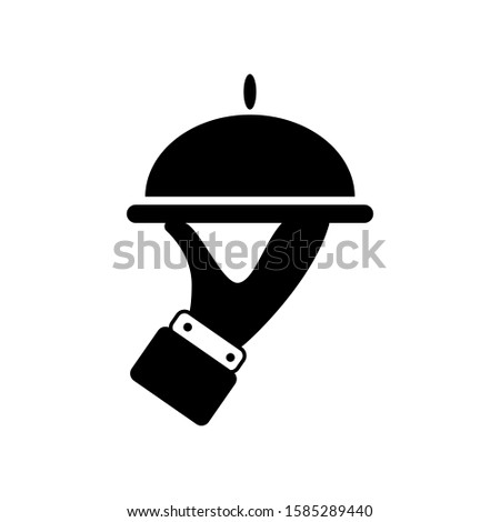 Hand of waiter with serving tray icon. Isolated symbol on white background. Black vector illustration.