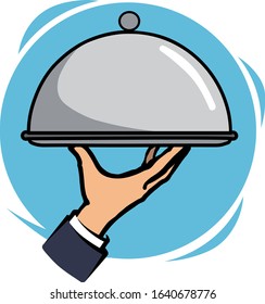 Hand of waiter with serving tray. Vector illustration/flat style.Waiter holding closed tray.Classic luxury elegant professional male server palm give silverware dome lid on white backdrop. Black color