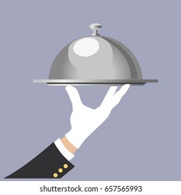 Hand Of Waiter With Serving Tray. Vector Illustration
