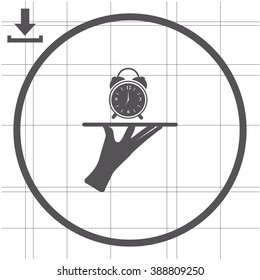 Hand of the waiter with a tray and a Clock. Serve 