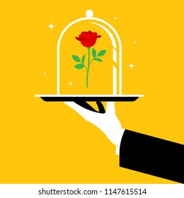 Hand of waiter with tray. Glass dome with red rose inside stay on tray. Vector illustration.