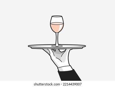 Hand of the waiter in a white glove with a glass of wine on a tray. vector