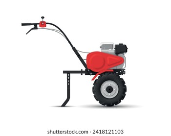 Hand walk behind tractor red harvesting cultivation machine with handle and motor side view realistic vector illustration. Agricultural machinery work industrial technology with wheel excavate field