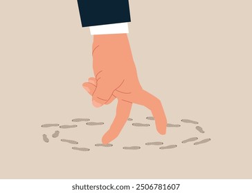 Hand walk in circle with no way out and no career path. Career path dead end, work on same old repetitive job. Modern vector illustration in flat style. 