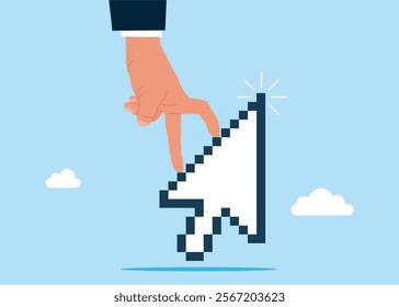 Hand walk up computer mouse pointer as staircase to reach goal. Digital marketing, web, seo, online technology to achieve business success. Flat vector illustration