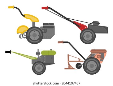 Hand walk-behind tractor flat web icon set. Harvesting machines. Two-wheeled tractor vector signs isolated on white background.