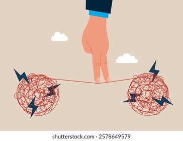 Hand walks from one chaos to another along a tight rope. Mental health treatment or psychology support, help relief anxiety or stress. Vector illustration.