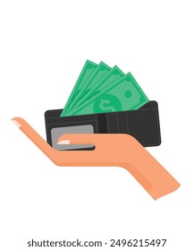 Hand with wallet full of money, banknote. stock illustration