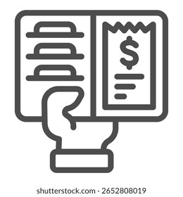 Mão com ícone de linha de carteira, conceito financeiro. Gráficos vetoriais. Bolsa com conta bancária e cartões de crédito em mãos, sinal de dinheiro em fundo branco, ícone de estilo de estrutura de tópicos para design móvel ou web