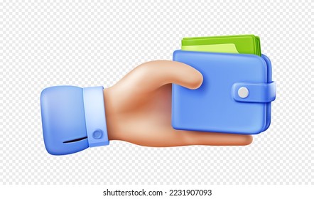 Hand with wallet with paper banknotes, money cash. Payment, finance, savings, budget concept with hand hold purse with folded dollar bills isolated on transparent background, vector 3d illustration