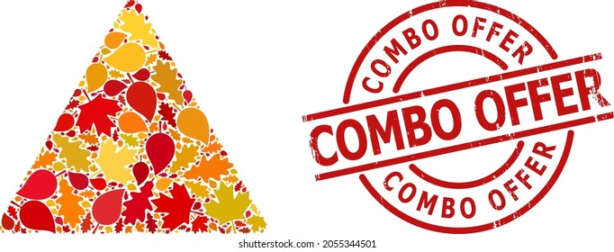 Hand Warning mosaic icon constructed for fall seasonwith Combo Offer rubber watermark. Vector hand warning mosaic is constructed of random autumn maple and oak leaves.
