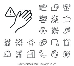 Hand warning sign. Place location, technology and smart speaker outline icons. Dont touch line icon. Hygiene notification symbol. Dont touch line sign. Influencer, brand ambassador icon. Vector