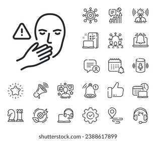 Señal de advertencia de mano. Coloque los iconos de la ubicación, la tecnología y el contorno del altavoz inteligente. No toque el icono de la línea de la cara. Símbolo de notificación de higiene. No toque el signo de la línea. Influenciador, icono del embajador de la marca. Vector