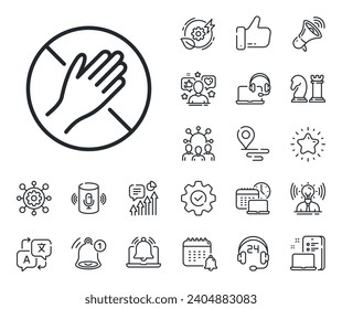 Handwarnzeichen. Platzieren Sie die Schaltflächen-, Technologie- und Schaltflächensymbole. Berühre das Symbol der Linie nicht. Zeichen für die Hygienemaßnahmen. Tippen Sie kein Zeilenzeichen an. Beeinflusser, Markenbotschafter Symbol. Vektorgrafik