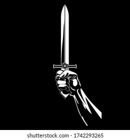 Hand of a warrior with a sword. Design of a warriors hand holding a medieval sharp sword, vector illustration
