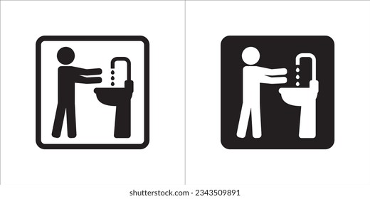 Hand wash basin vector icon. Hand wash faucet sign. WC symbol. In square shape signs vector illustration. Black and white color