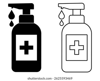 Símbolo vetor de garrafa de lavagem manual. Ícone do frasco do desinfetante, vetor. Conjunto de frascos cosméticos , antibacterianos, de lavagem, de sabão líquido, de gel com curso. Ilustração vetorial.