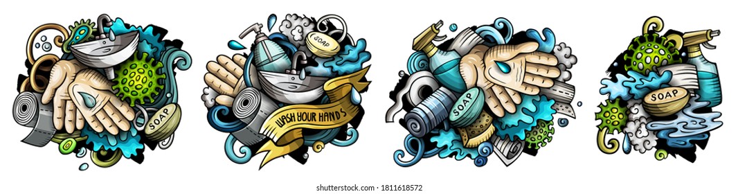 Hand Wash cartoon vector doodle designs set. Colorful detailed compositions with lot of Stay Home objects and symbols. Isolated on white illustrations. Self isolation pandemic banner