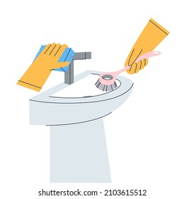 Hand wash the ceramic sink. Hands in feathers are washing the faucet with a sponge. Wash the sink bowl with a brush. Bathroom cleaning concept. Isolated flat on white background.