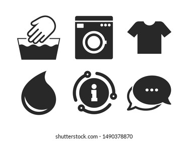 Hand wash. Chat, info sign. Wash machine icon. T-shirt clothes symbol. Laundry washhouse and water drop signs. Not machine washable. Classic style speech bubble icon. Vector