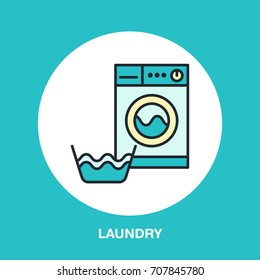 Hand wash of clothes and washing machine colored flat line icon. Vector logo for laundry or dry cleaning service. Linear illustration of gentle wash.