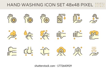 Hand wash correctly icon to protect against infection of coronavirus (covid-19). By using soap and water. Also using alcohol-based handrub both spray and jel. To kills viruses on your hands. 48x48 px.