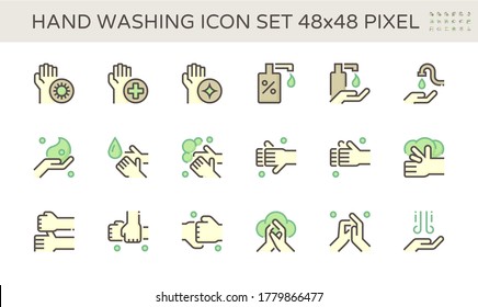 Lávese las manos y el diseño de conjunto de iconos vectoriales higiénicos, trazo perfecto y editable de 64x64 píxeles.