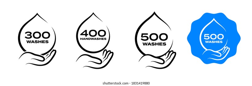 Hand wash dispenser icon, handwash liquid soap foam and clean gel antiseptic quantity sign. 300, 400 and 500 handwashes, drop icon for dispenser of sanitizer and alcohol disinfectant