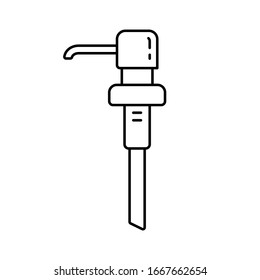 Hand wash dispenser pump with long nose. Linear icon of separate plastic tube for bottles with liquid, soap, gel, water. Black simple illustration. Contour isolated vector image on white background