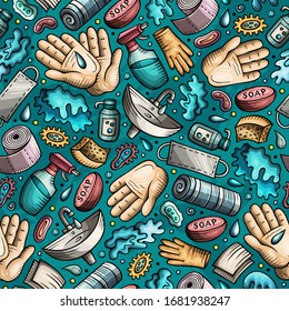 Hand wash hand drawn doodles seamless pattern. Protective measures background. Cartoon print design. Colorful vector illustrations