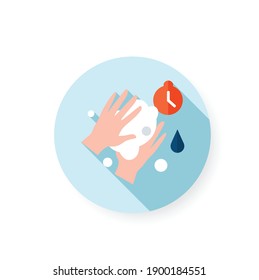 Hand wash flat icon. New normal concept. Hygiene rules, hand wash time. Hand sanitizing culture. New life after covid19 outbreak. Pandemic time. Isolated color vector illustration with shadow