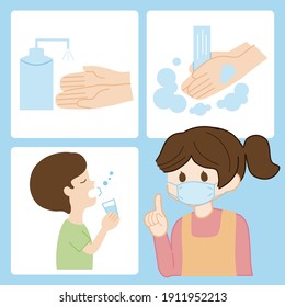 Hand wash, gargling, disinfection, person illustration set.