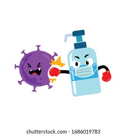 Hand wash gel character punching virus Wuhan Covid-19. Fight Corona virus Health care concept