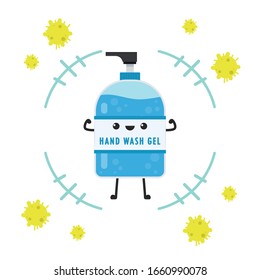 Hand wash gel character. Hand wash gel vector. Hand wash gel and Bacteria vector.
