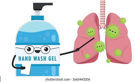 Carácter de gel de lavado manual.Vector de gel de lavado manual. Virus en el vector del pulmón.