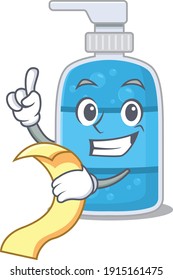 Hand wash gel mascot character style with a menu on his hand