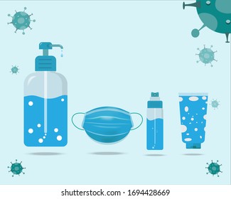 Hand wash gel, mask, alcohol spray, set prevention corona virus. Corona virus prevention concept. vector, illustration