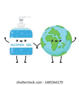 Hand wash gel vector. Alcohol gel and Earth character design. Hand wash gel and Bacteria vector.