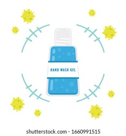 Vector de gel de lavado manual. Gel lavado manual y vector de bacterias.